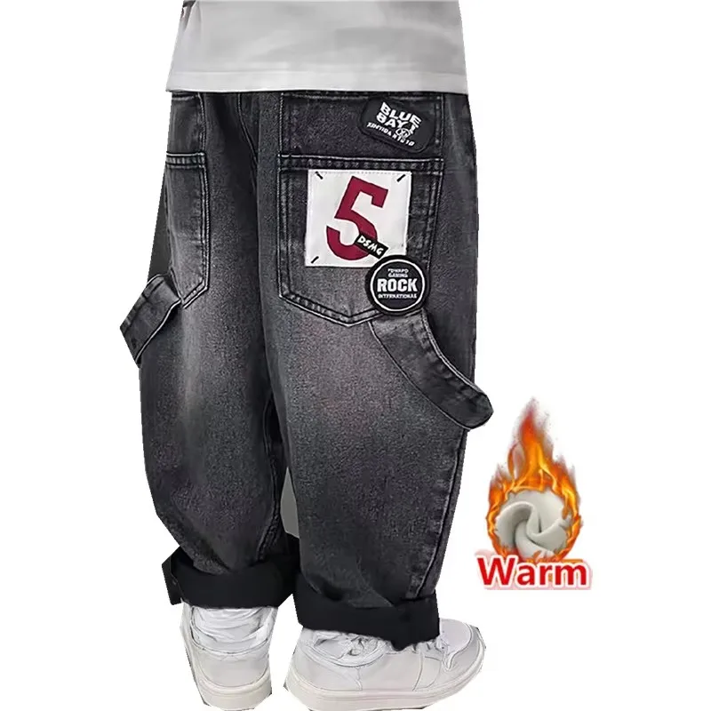 

Stylish Cowboy Winter Street Baggy Jeans With Fleece Lined Child Thicken Corduroy Denim Pants Streetwear Kids Thermal Trousers