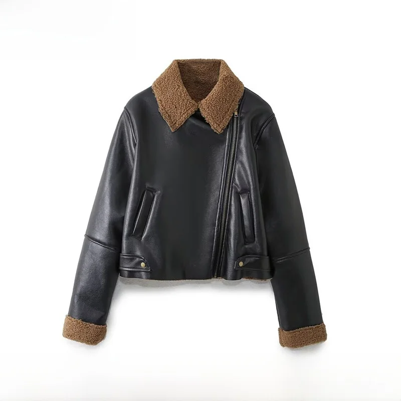 

Женская байкерская куртка на подкладке с мехом ягненка, верхняя одежда Street Sle, прямой крой, длинная застежка-молния, осенняя одежда...