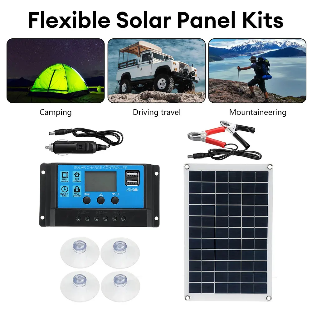 60W 18V Solar Charging Panel Dual USB Flexible Solar Panel 12V/5V Output Battery Charging Device for Car Mobile Phone Travel