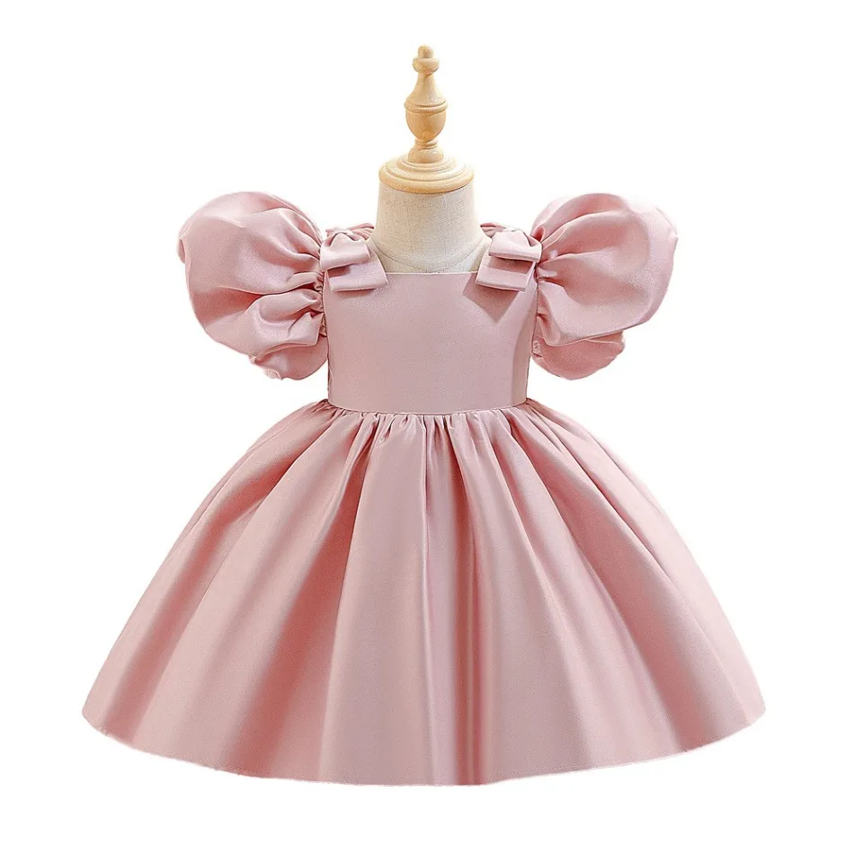 Girls Pink Satin Ball Gown with Puff Sleeves and Bows Formal Dress for Birthday Party Special Occasion and Holiday Parties ASQ03 view 5