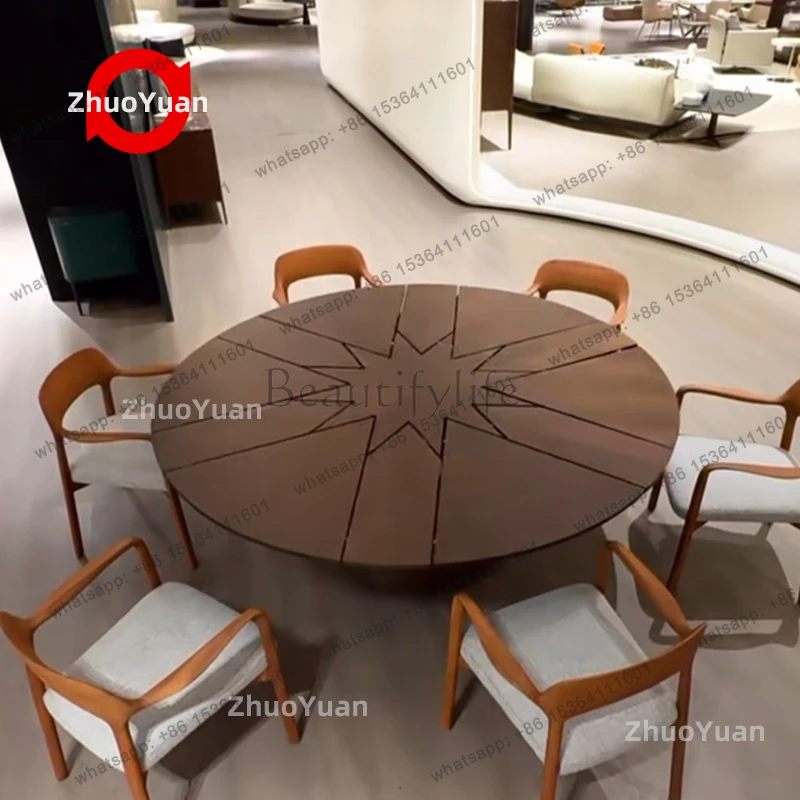 Fletcher dining expandable table adjustable expanded enlarge Rotational wooden Walnut veneer table for 8/10/12/14 people seaters