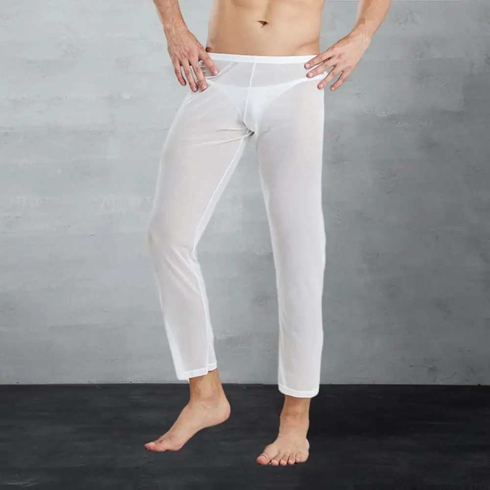 Men See-through Ice Silk Soft Pajama Pants Ultrathin Mid Waist Elastic Bottoming Pants Homewear Sleeping Long Trousers