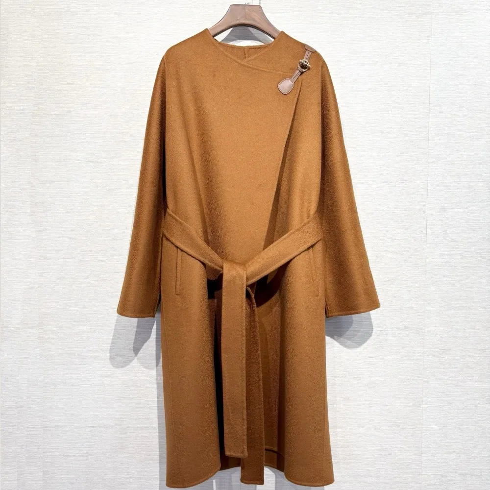 2026 Women Fall Winter Double Face Cashmere Long Jacket Caramel Round Neck Metal Buckle Waist Belt Soft and Cozy Overcoat