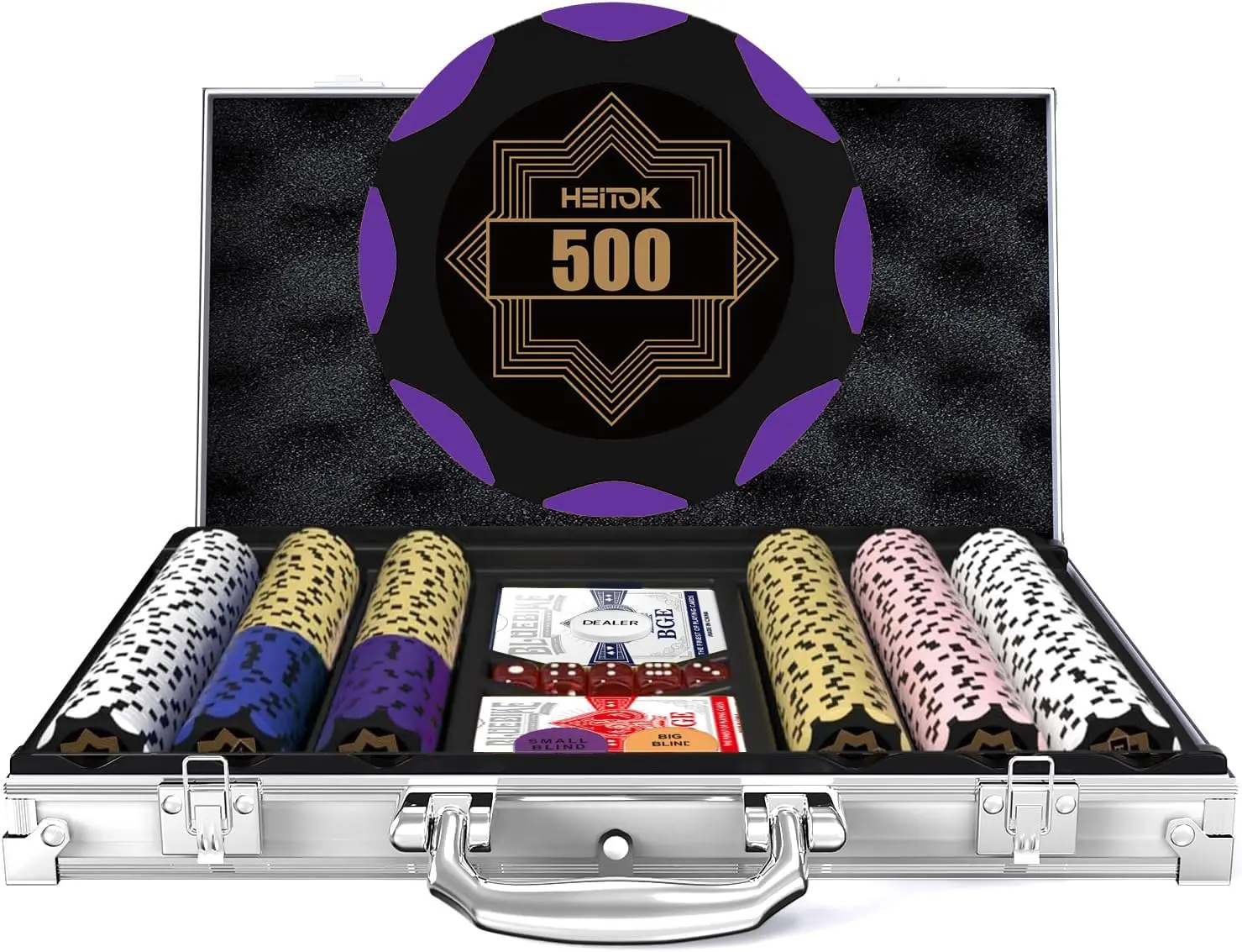 HEITOK 300pcs 14g Clay Poker Chip Set with Denominations & High-end Carrying Case, Professional Set for Texas Hold’em