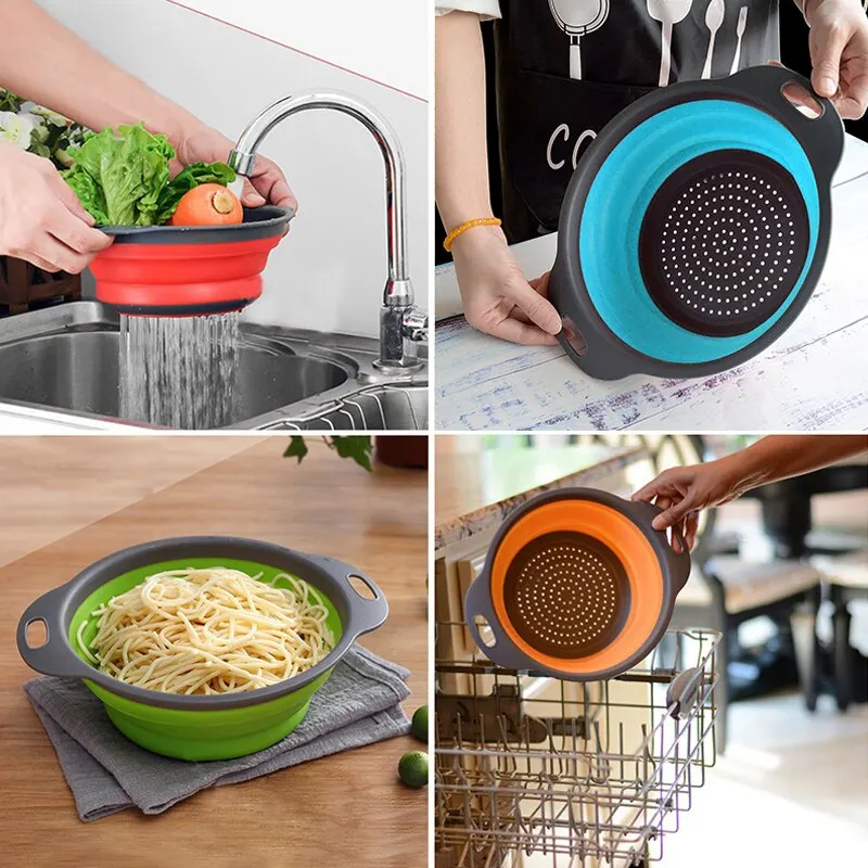 Folding Silicone Drain Basket Fruit Vegetable Washing Basket Foldable Strainer Colander Collapsible Drainer