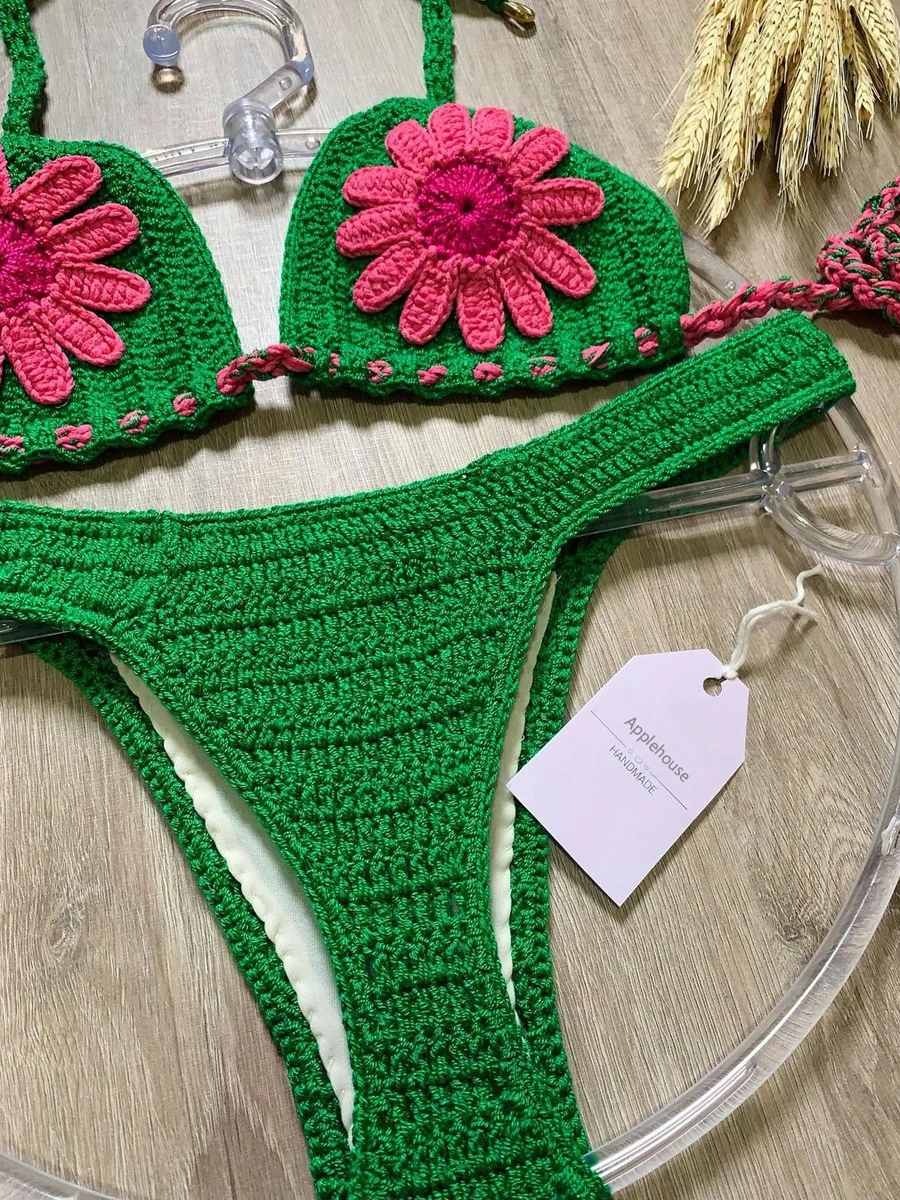 Kobiety stroje kąpielowe zestawy mikrobikini Sexy kwiat Mujer szydełka strój kąpielowy regulowany kubek stroje kąpielowe Maillot De Bain Femme strój