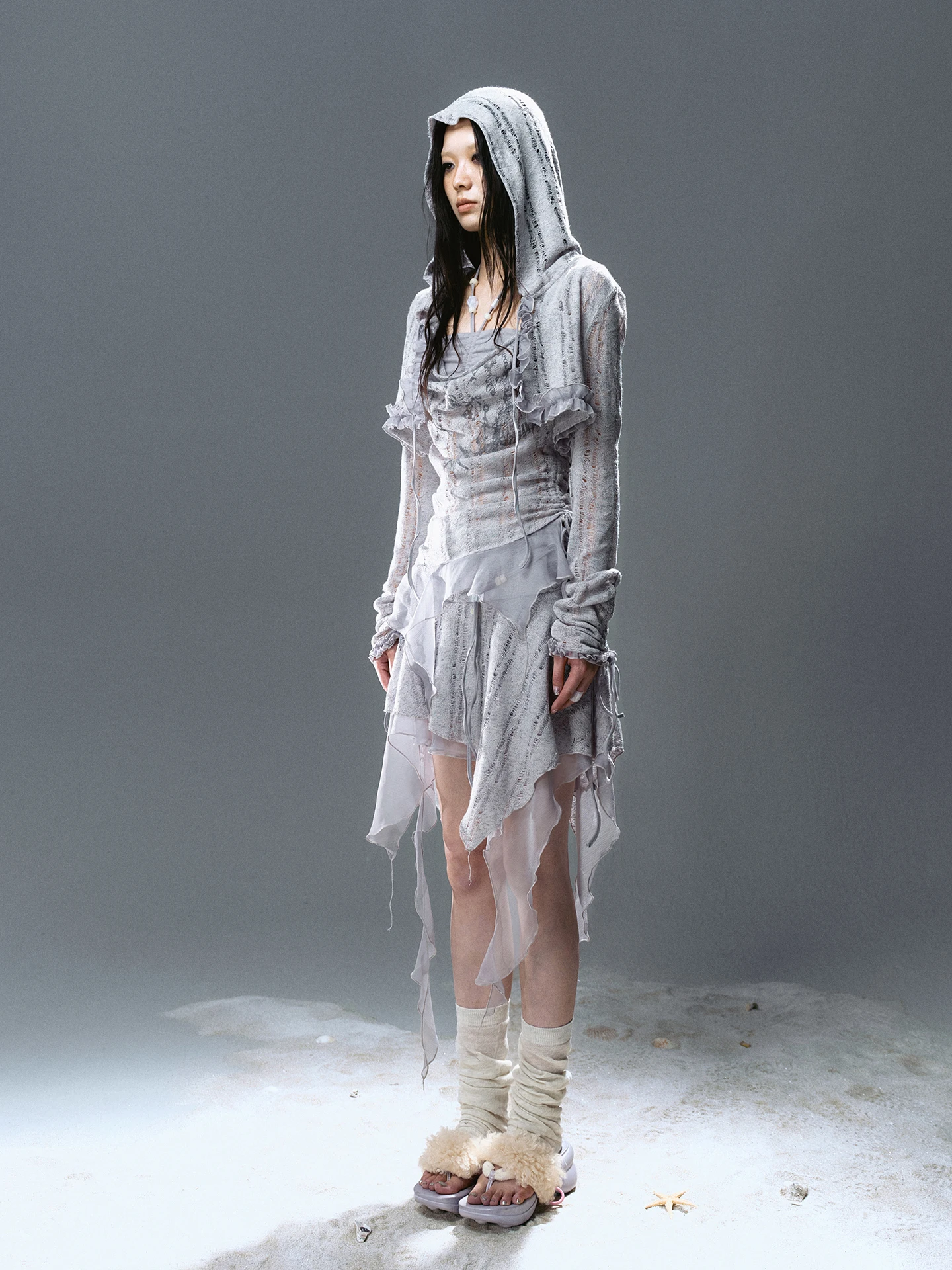 Chemise extérieure à capuche bleue brume, épissure creuse rayée, bord à volants plissé, haut de styliste pour femmes