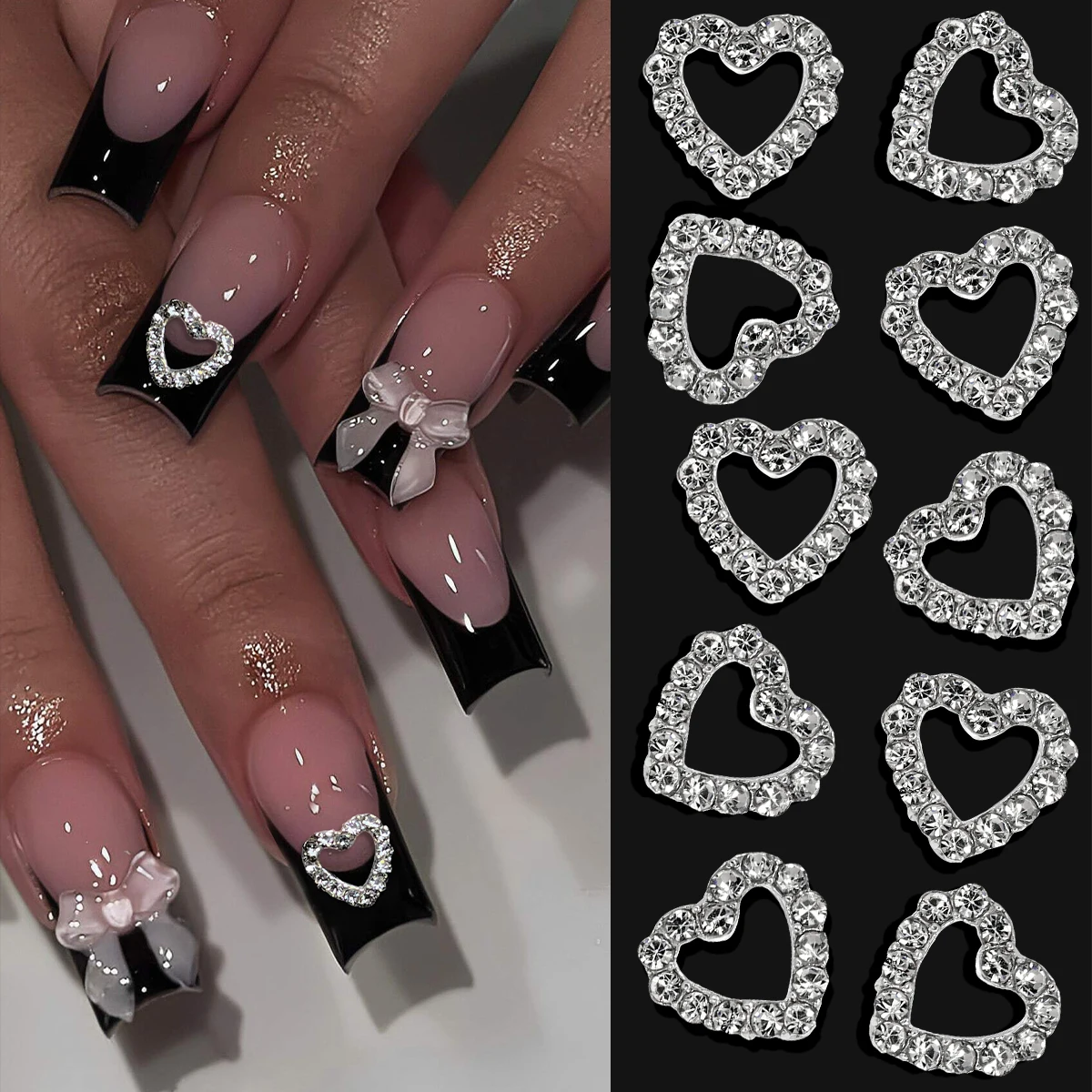 10 قطع من زينة الأظافر على شكل قلب مرصع بالألماس الفضي، إكسسوارات ثلاثية الأبعاد مجوفة من السبائك والكريستال لتزيين الأظافر