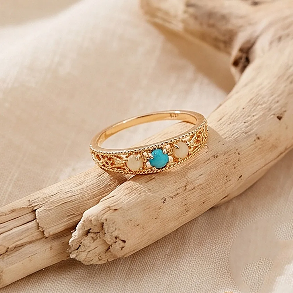 LAMOON Natural Gemstone Turquoise Opal Rings For Women Vintage Hollow-out 925 Sterling Silver Gold Plated Dainty Fine Jewelry