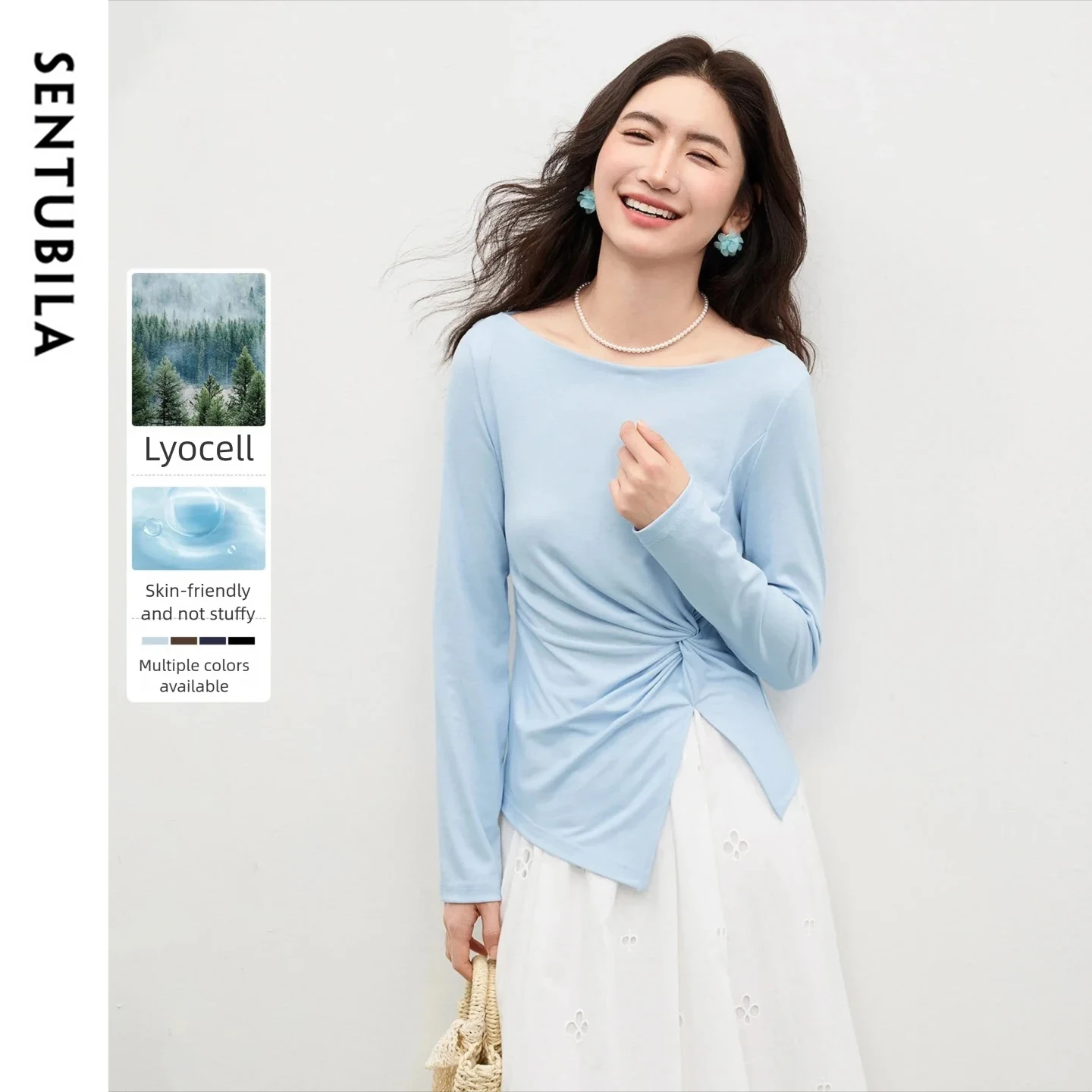 

SENTUBILA Lyocell Tees for Women 2026 Spring Off The Shoulder Neck Twisted Irregular Slit Hem T Shirt Simple Knit Tops W61TL5033