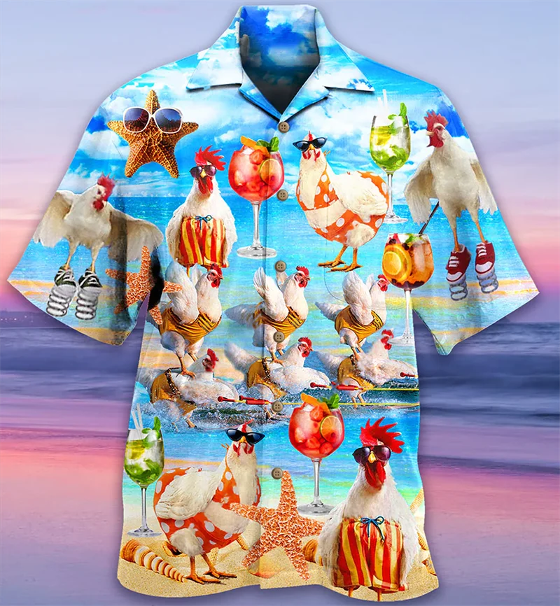 Newest Loose Breathable 3D Print Trendy Cool Fashion Chicken Shirts Beach Hawaiian Top Short Sleeves Summer Men\'s Shirts Men Tee