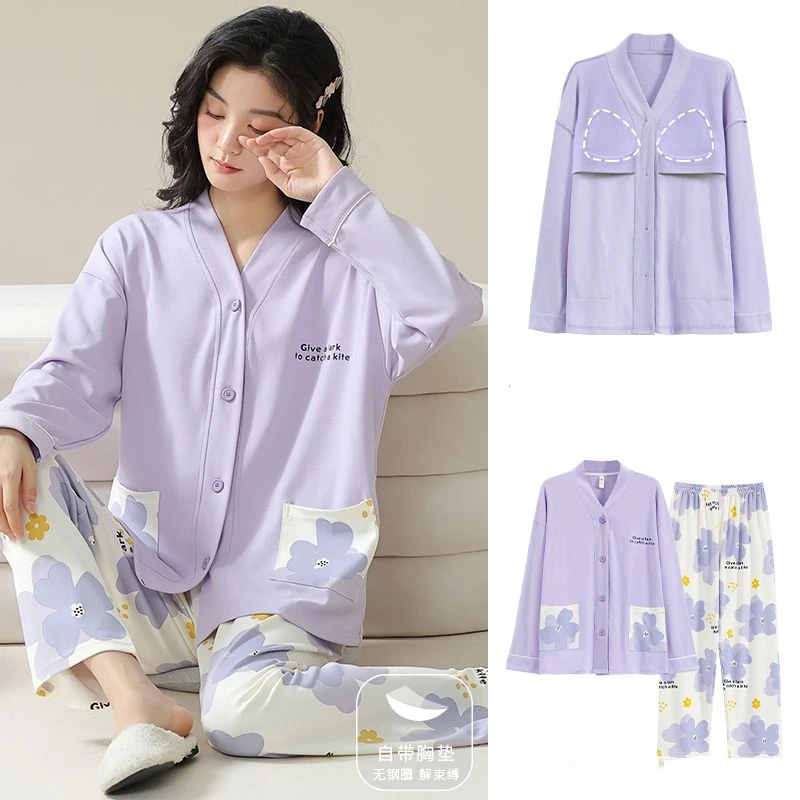 Cotton Sleepwear Long Sleeve Trouser Women Pajama Sets Print Chest Pads Loungewear Two Piece Suit Cardigan Big Size Nightwear