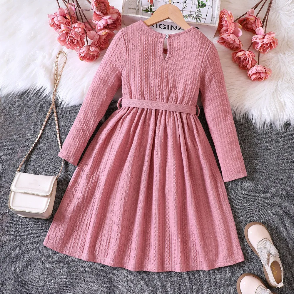 2023 Winter New Girls Dress Long Sleeve O Neck Ruffles Button Pink Cute Designer Girls Princess Dress Vestido 12M-5T