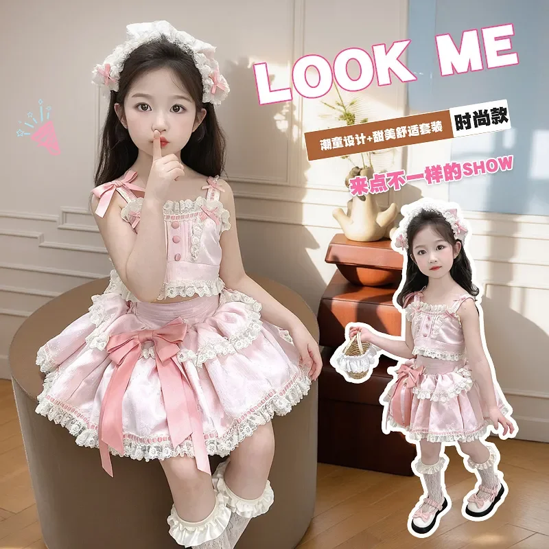 

Fashion Toddle Girls Clothes Summer Pink Lace Bow Lo Sling top+Short Skirts 3Pcs Kids Casual Princess Clothes Suits Clothes