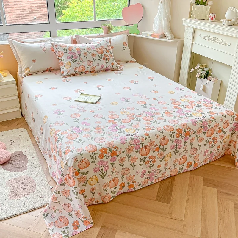 100% Cotton Rose Floral Flat Sheet Vintage Shabby Chic Pink Flower Blossom Bed Cover with 2 Pillowcase Country Aesthetic Bedding