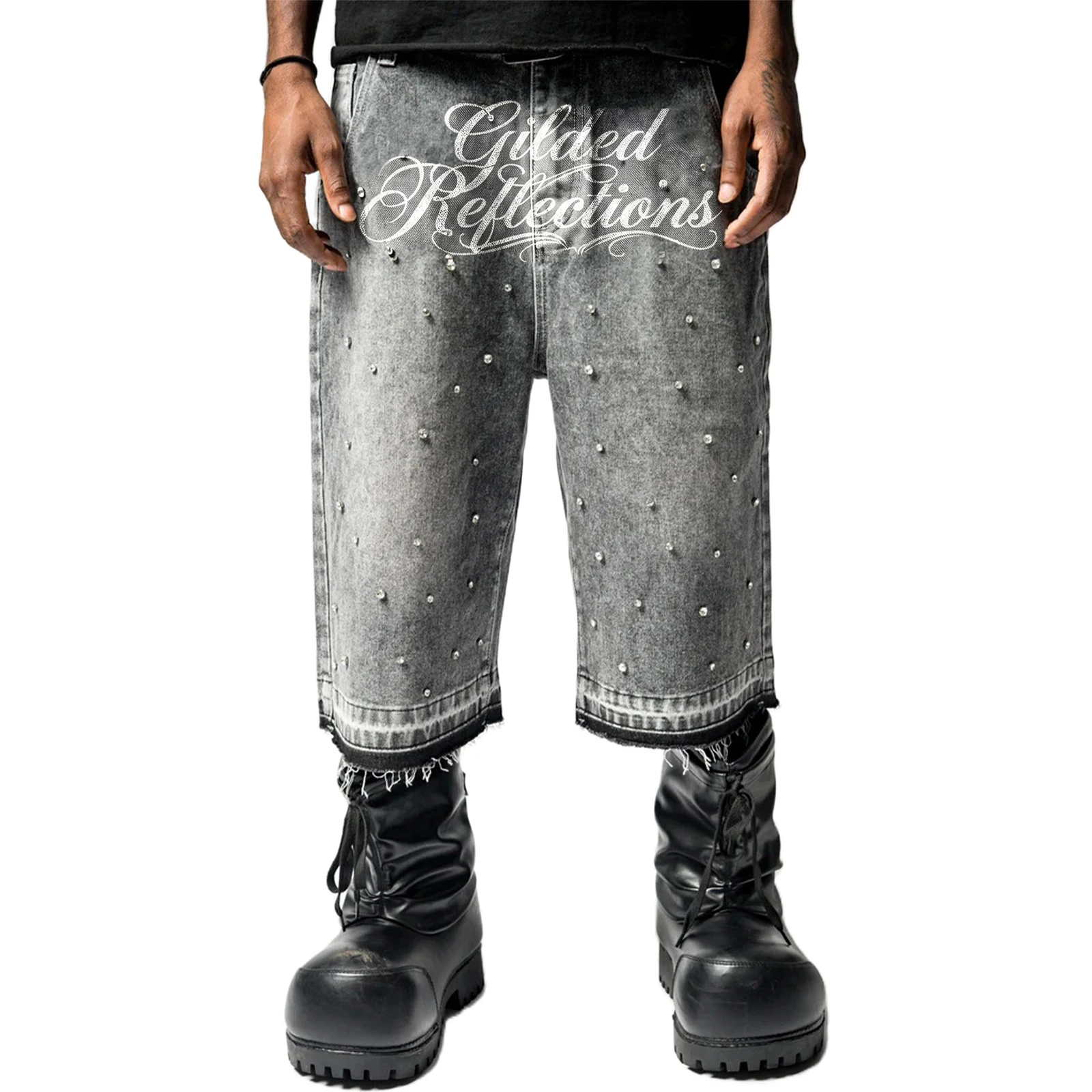 Men's Washed Grey Rivet Letter Print Raw Hem Loose Jorts Hip Hop Daily Casual Denim Capri Shorts Streetwear Cropped Jeans