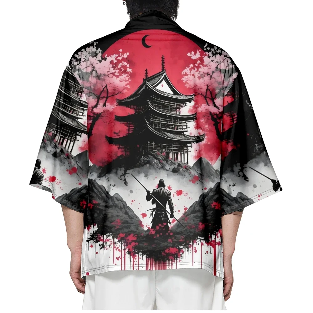 

Traditional Kimono Men Cardigan Yukata Shirts New Arrival Harajuku Japanese Style Anime Ancient Building Print Cosplay Haori