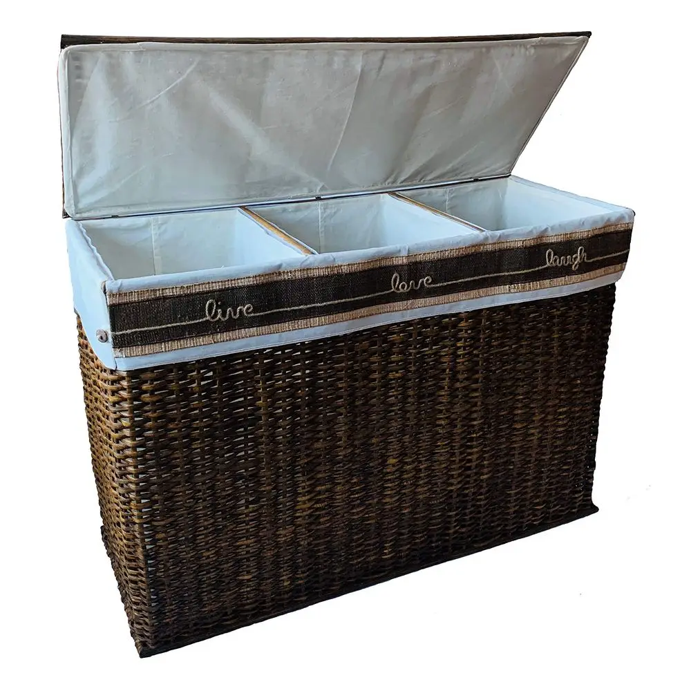 

Wicker Oversized 3 Section Divided Laundry Hamper Sorter and Organizer Handwoven Rattan Basket with Lid, Cloth Liner and nu