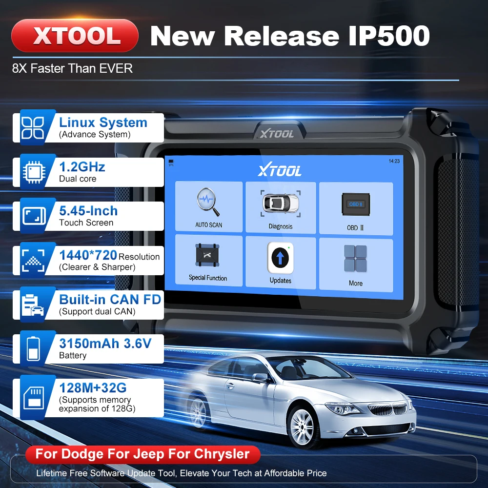 XTOOL IP500-DJC Bi-directional Control OBD2 Scanner,For Dodge/ Jeep/Chrysle,FCA,16+Services Tools,Lifetime Free Update Scan Tool