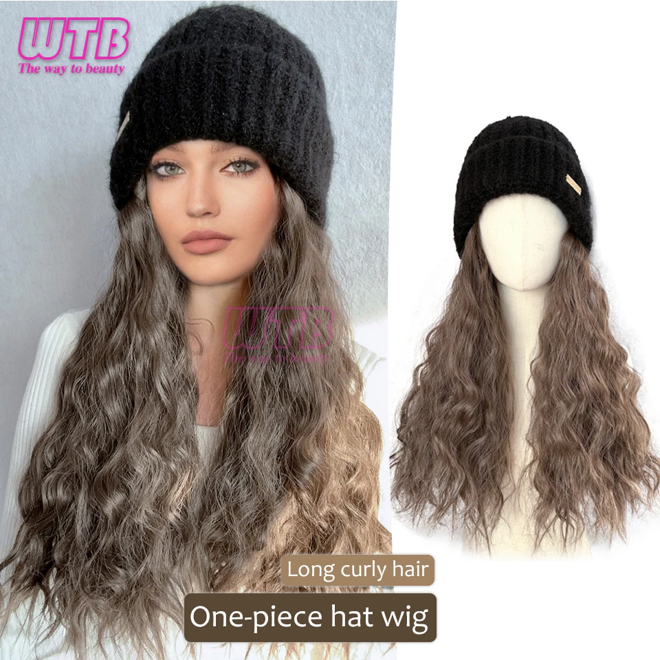 WTB Synthetic Hat Wigs For Women 16 Inch Long Curly Hair Synthetic Wig Warm Soft Ski Knitted Autumn Winter Cap