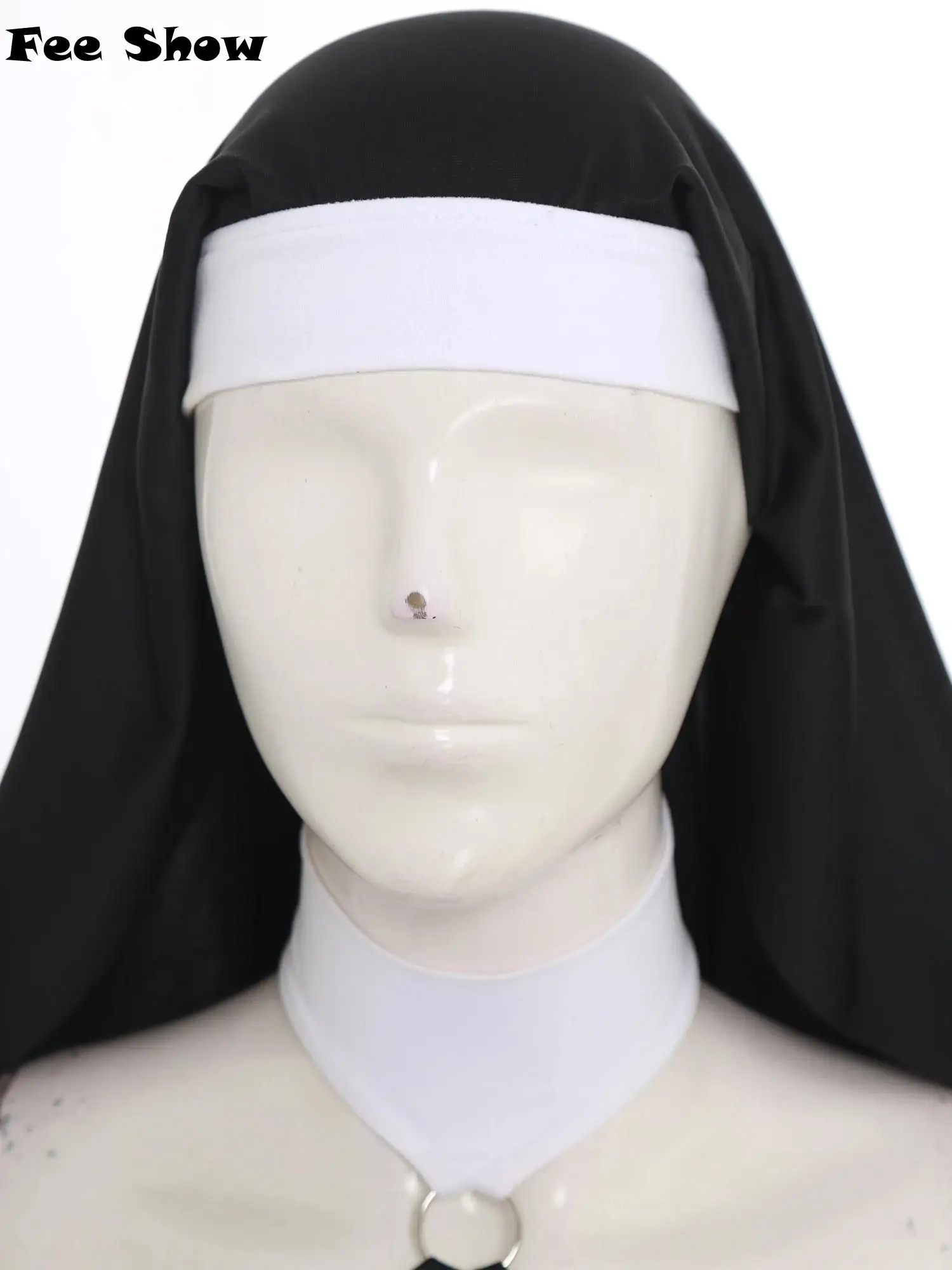 

Womens Naughty Nun Cosplay Dress and Coif O-ring Halter Off Shoulder Mesh Long Sleeve Dress with Headscarf for Halloween