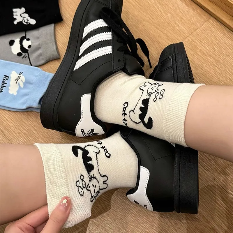 1/4 Pair Women's Spring Summer Cotton Thin Socks Cute Little Animal Cat Dog Korean Version Fashion Mid-tube Socks Sweet Style