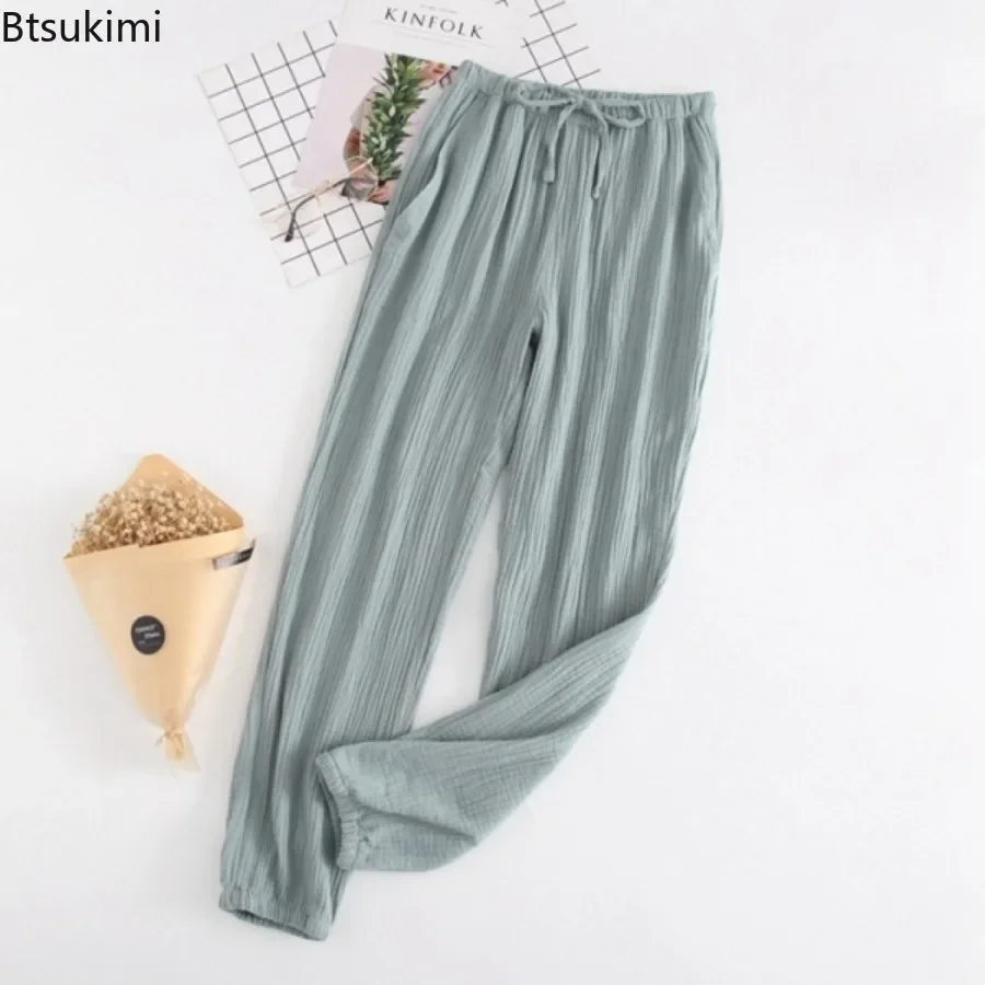 Nuovi pantaloni da notte in Crepe di garza di cotone 2024 Casual 100% per gli amanti delle coppie pantaloni larghi e morbidi del sonno pantaloni lunghi del pigiama da donna