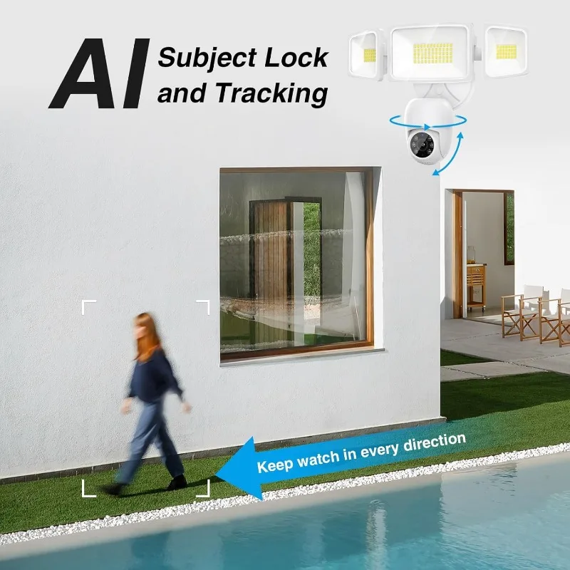 Schijnwerpercamera buiten, 2K Smart Home-beveiligingscamera bedraad, 360° °   Surveillance Al-detectie en automatische tracking, 5500 lumen