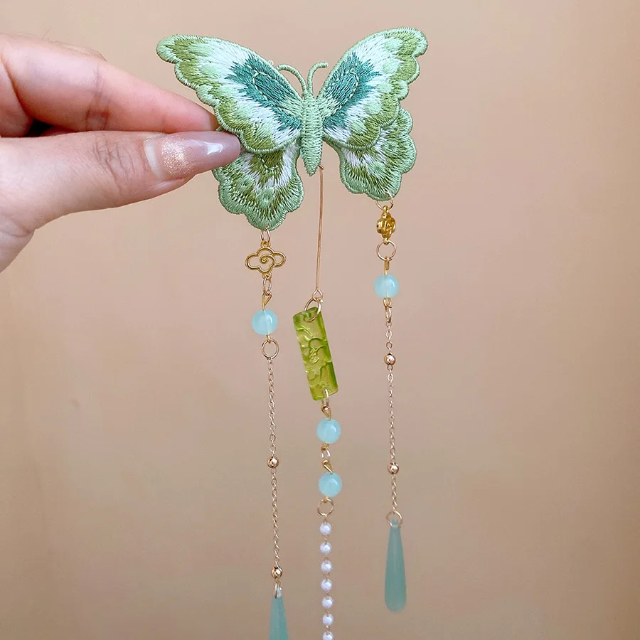 Grüne bestickte Schmetterlings-Haarspangen für Damen – Neuartige chinesische Retro-Haarspangen mit Harzperlen und Quasten im Entenschnabel-Stil für Hanfu und Cheongsam – Detail 5