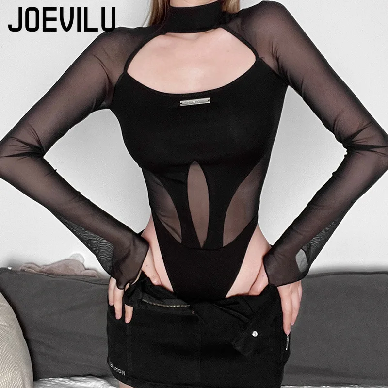 

Сетчатый ажурный боди с длинными рукавами, уличная одежда, всесезонная мода, женские однотонные облегающие топы Y2k, готический сексуальный костюм Rave