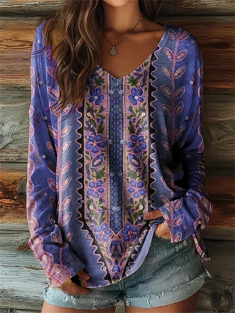 Women's Elegant Stylish Long-Sleeve V-Neck T-Shirt Fall 2026 Vintage Floral Print Comfortable Loungewear Street-Style Top