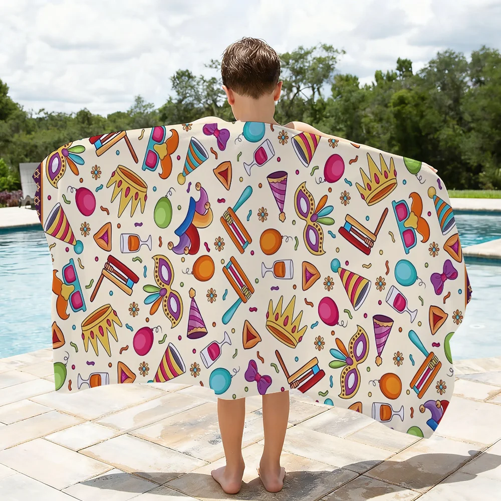 Happy Purim Towel Quick Dry Absorbent Beach Towel for Sports, Fitness, Swimming and Outdoor Activities