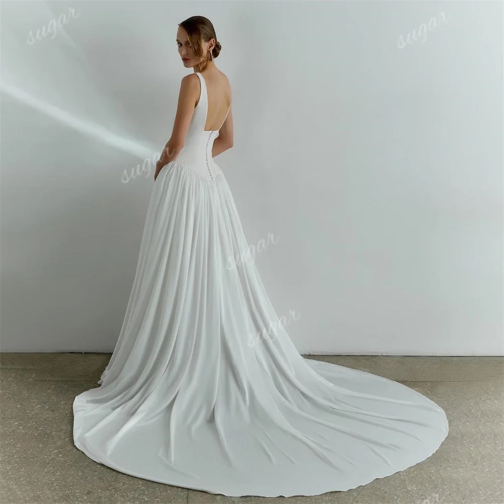 Vestidos de casamento quadrados vintage para mulheres, uma linha, vestido de noiva cetim, trem longo sem costas sexy, vestidos de casamento na praia