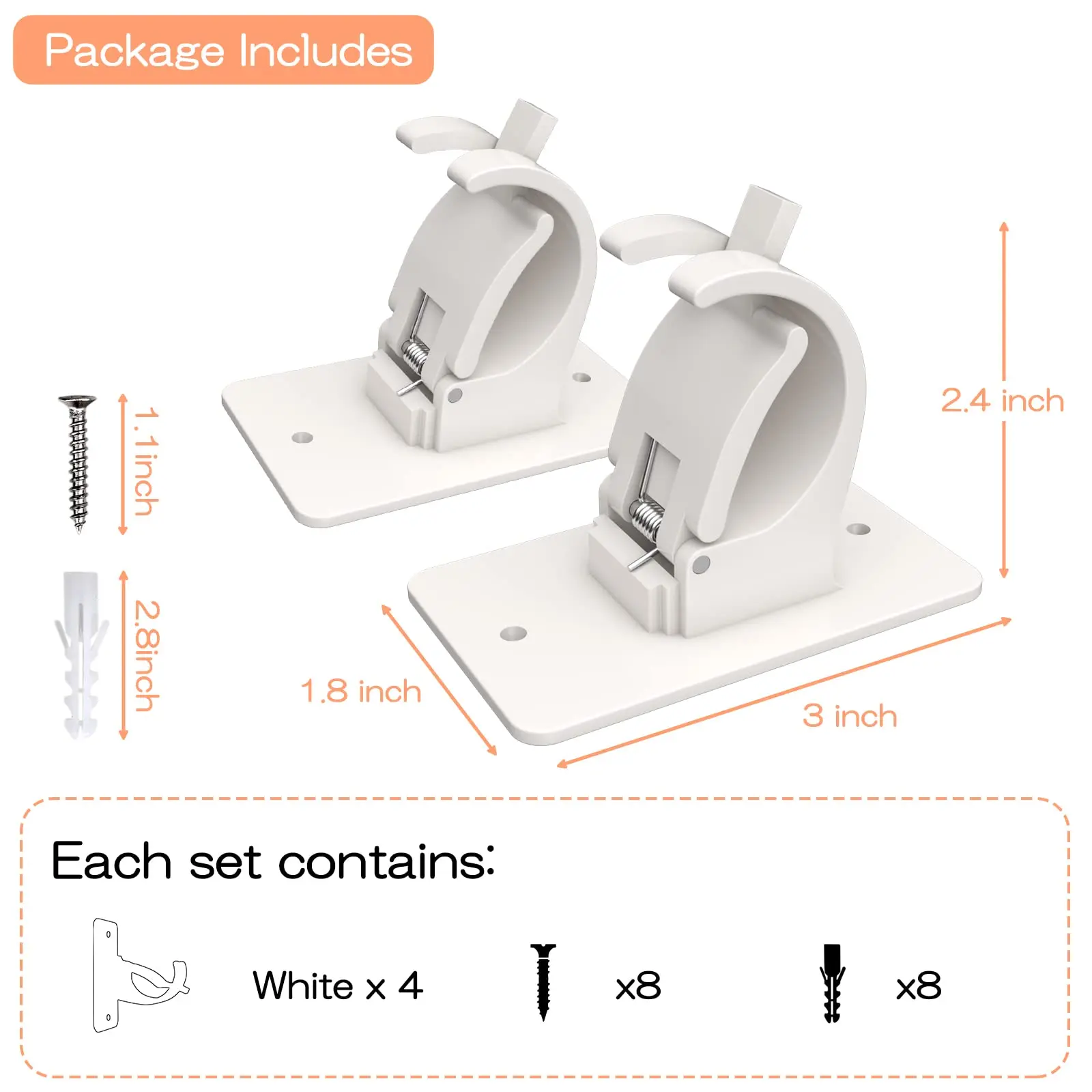 Heavy Duty White Wall Curtain Rod Bracket, No Drill Self Adhesive/Screw Dual Mount Universal Curtain Hook Hanger Holder