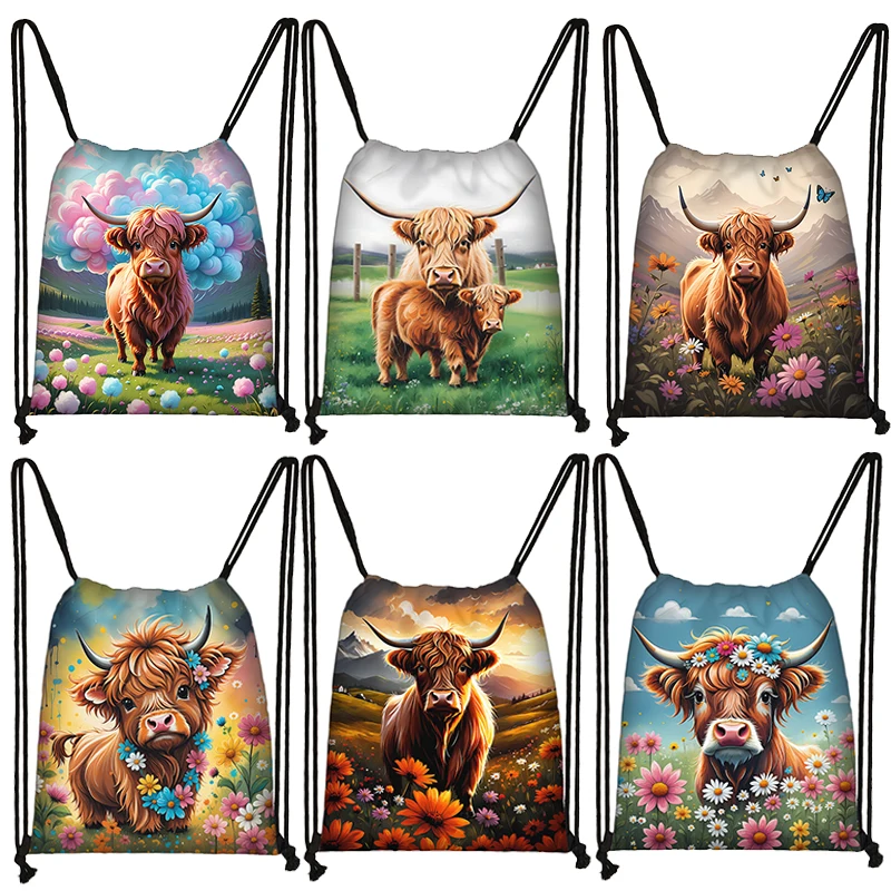 Scottish Highland Cows Print Drawstring Bags Cute Highland Cow Sunflower Backpack Shoulder Bag for Travel Shoes Holder Gift