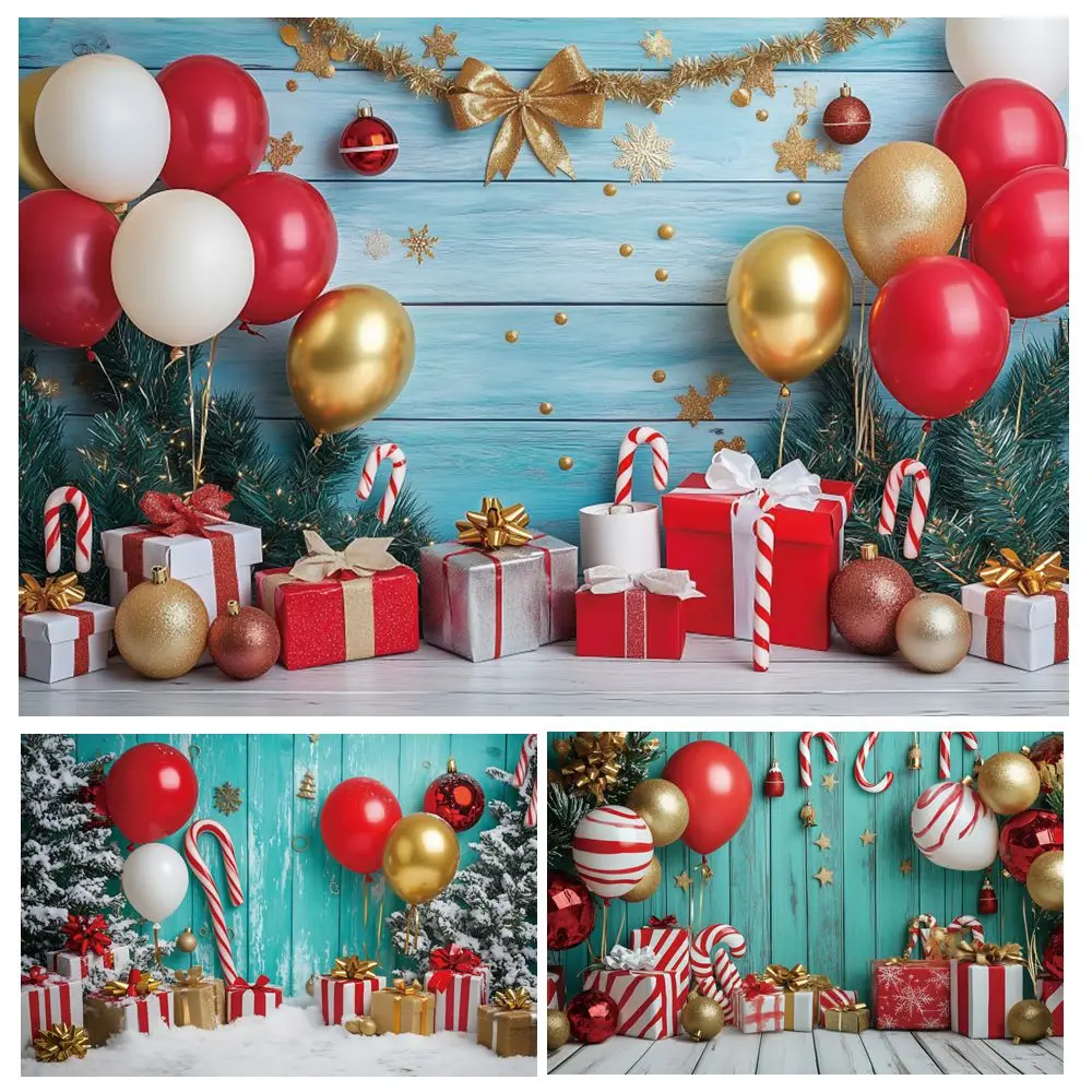 Christmas Photography Background Wood Wall Balloons Gifts Baby Kids Birthday Party Festival Portrait Photo Backdrop Photo Studio