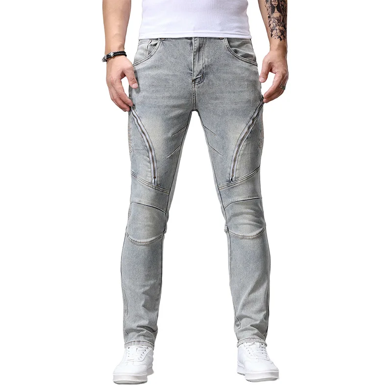 メンズジッパー付きスプライシングデザインのトレンディなレトロ風ストレッチジーンズ、ストリートスタイルの個性的なストレッチバイクパンツ