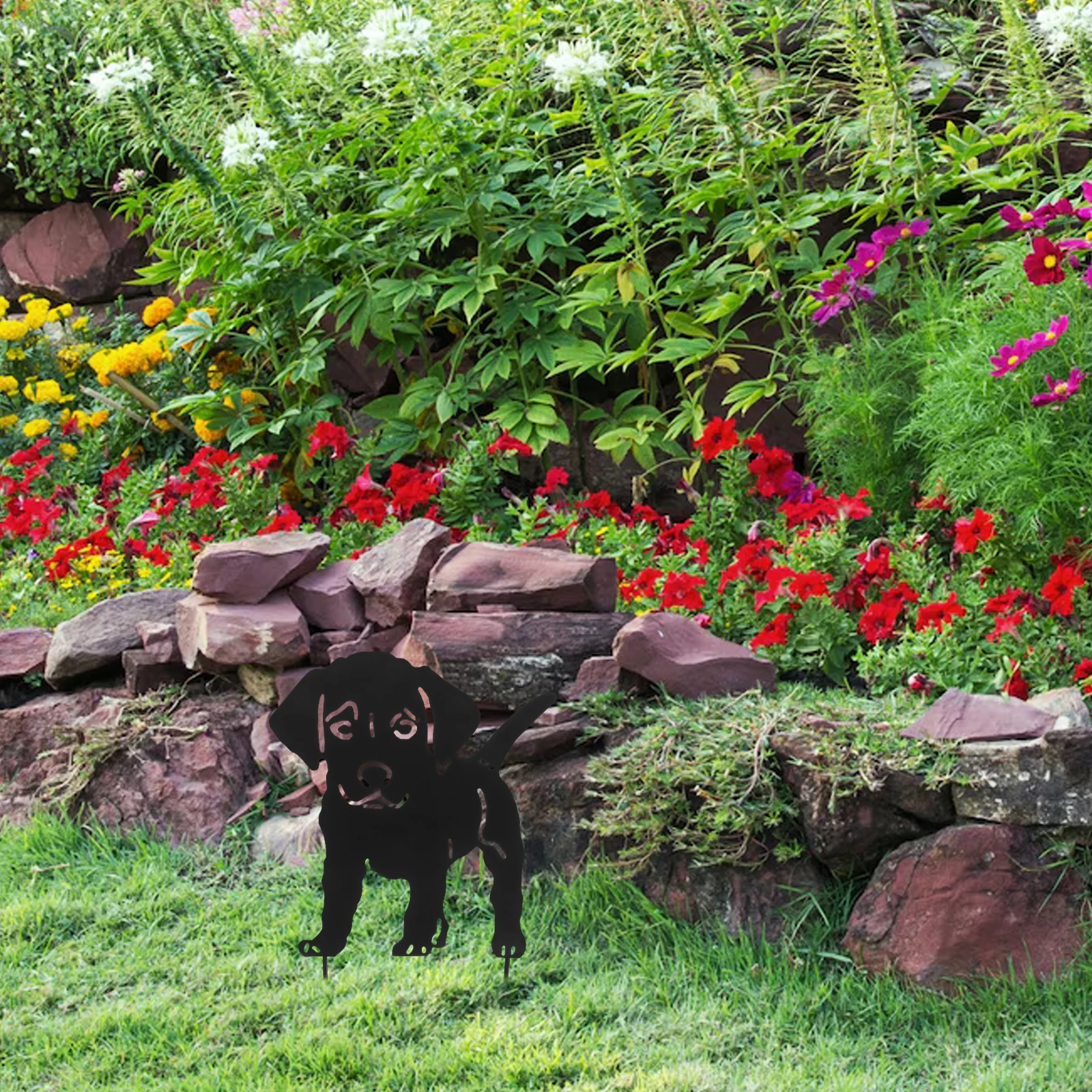 

Retro Iron Puppy Statue Decorative Garden Stake Durable Yard Receptacle Safe Long Use Dog Shape Flower Insert