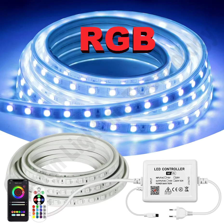 1-100M LED Strip Light 220V RGB Flexible Tape 5050 Waterproof Tuya Smart Wifi Bluetooth Remote Control with 750W/1500W EU P