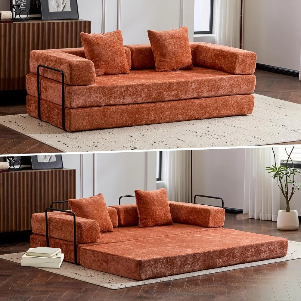 

Folding Sofa Bed,Convertible Sleeper with Pillows,King Size Bed Futon,Memory Foam Mattress for Living Room Bedroom，(Orange)