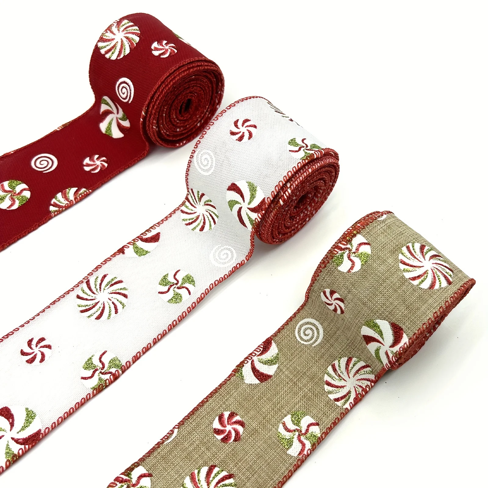 1szt 5 jardów wstążek świątecznych Candy Wired Edge Ribbon Peppermints Pattern Ribbon for DIY Crafts Xmas Tree Party Home Decor