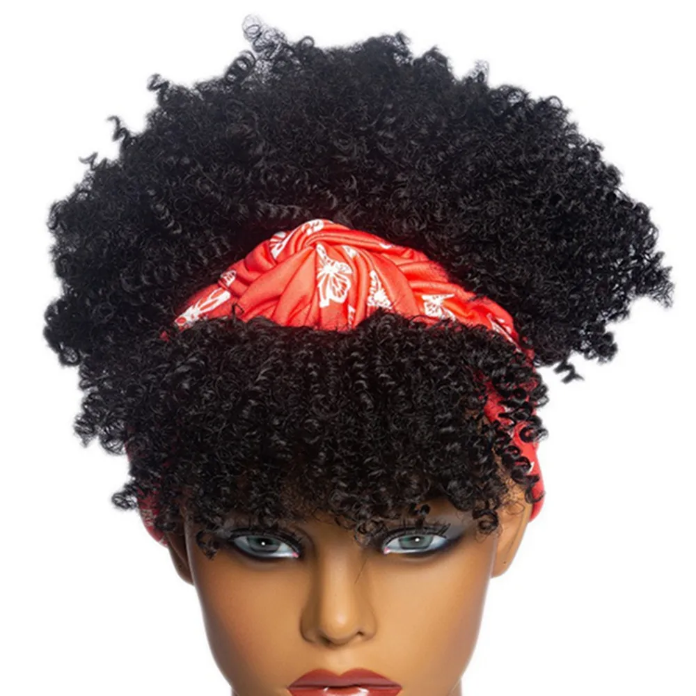 Synthetic Headband Wigs Afro Kinky Curly Short Fluffy Curly Scarf Wig with Bangs Natural Wrap Wig 2 in 1 Cosplay Daily Use Wig