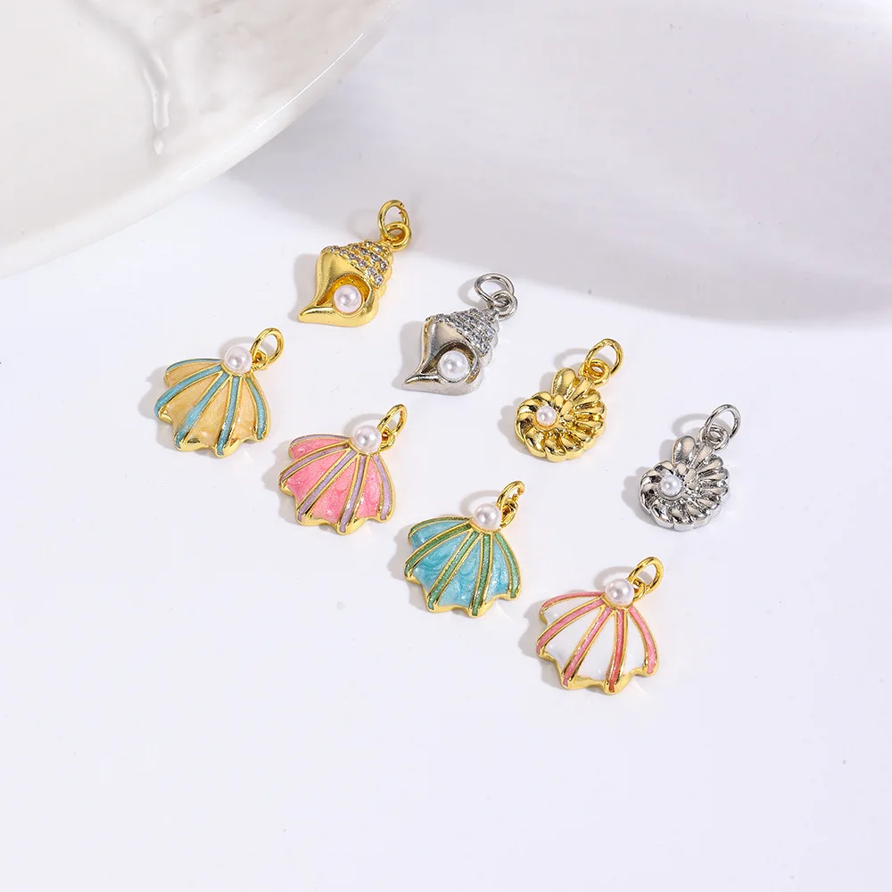 

10Pcs Fashion Exquisite Ocean Style Imitation Pearl Conch Enamel Shell Pendant Copper Bracelet Necklace Earrings DIY Accessories