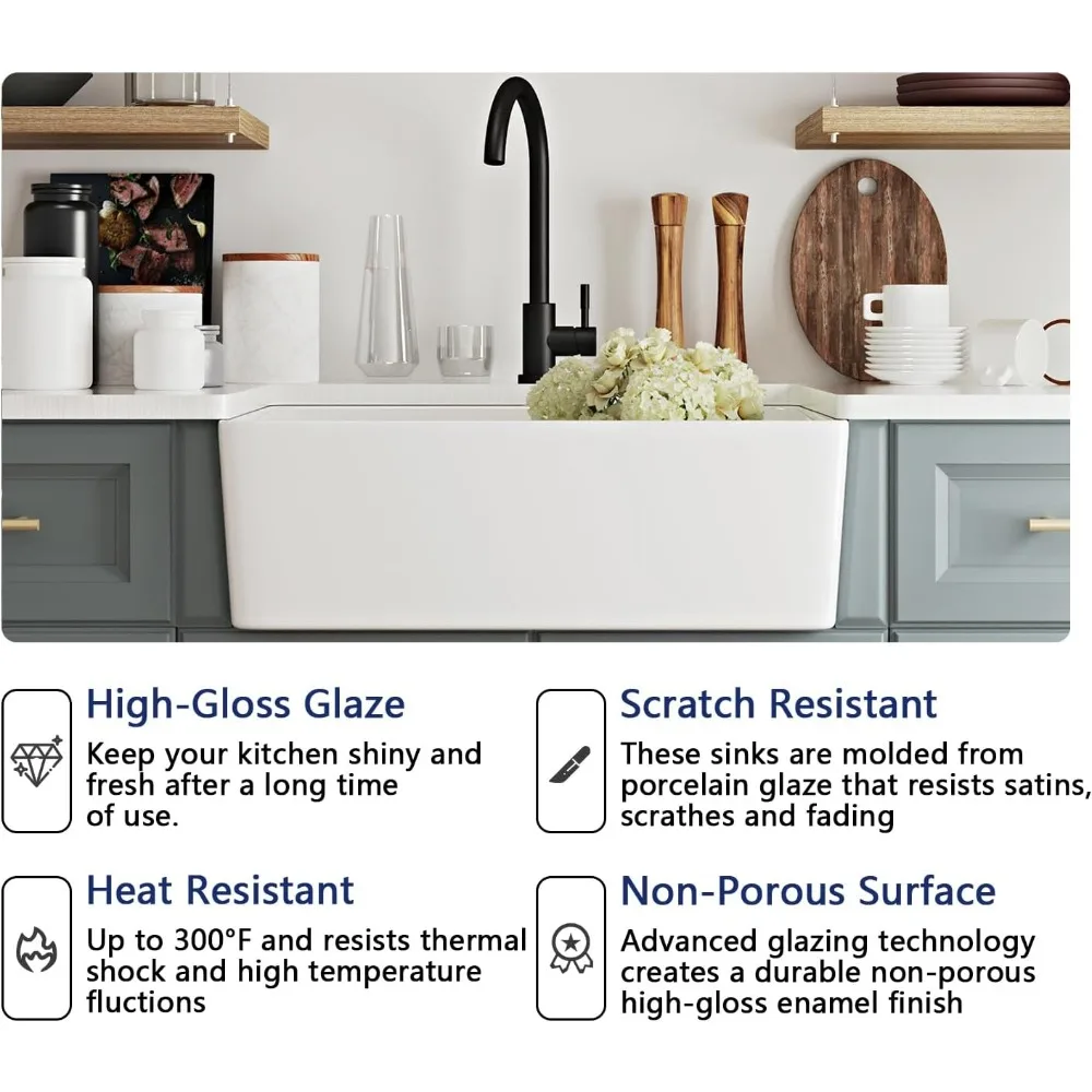 حوض مطبخ مزرعة بوعاء واحد من السيراميك مقاس 24 بوصة، حوض أمامي عميق على الطراز التقليدي