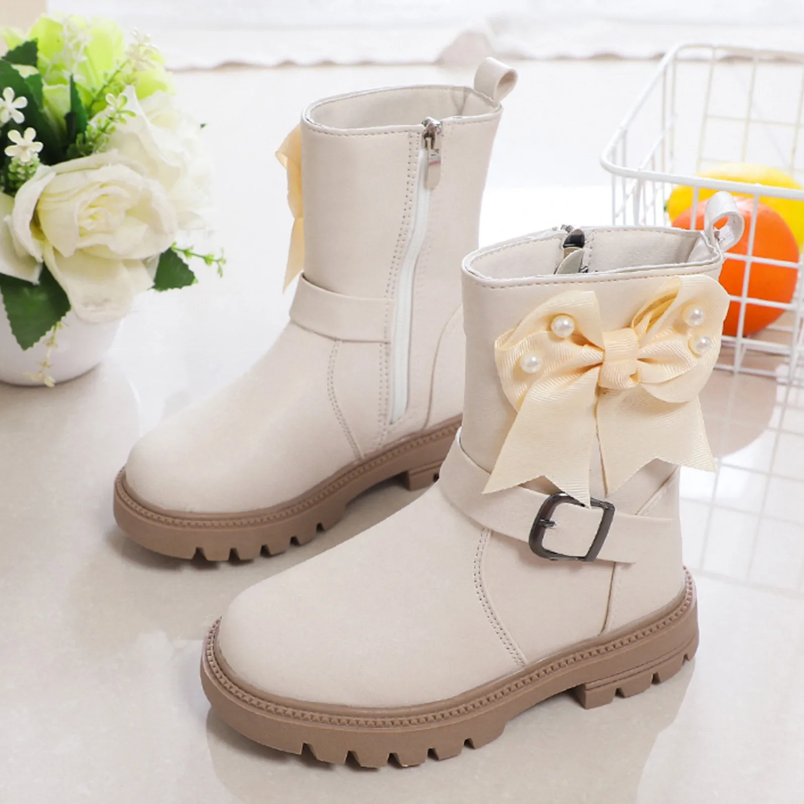 Girls Sweet Princess Boots Bow Cute Buckle Fashion Kids Shoes Side Zipper Children Casual Shoes PU 2024 New Brown Beige Elegant