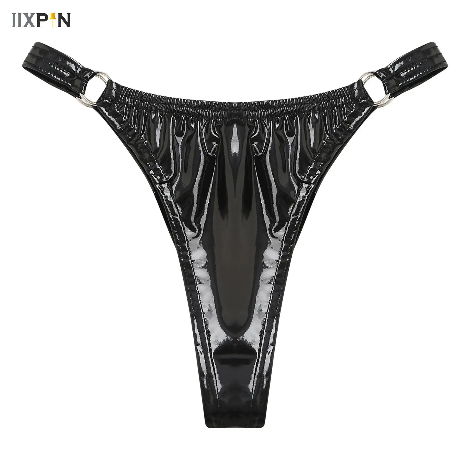 Men Sexy Latex Glossy Thong Briefs Underwear Glossy Patent Leather O-ring Underpants Women Erotic Lingerie Sissy Panties