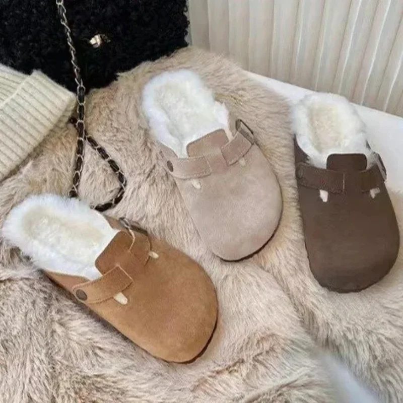 

Women's Slippers 2024Autumn Winter Leather Round Toe Slippers Couple Slippers Outdoor Casual Keep Warm Women Suede Slides Mujer