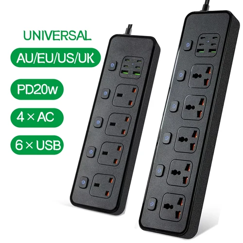 Regleta toma de corriente Universal UK AU UE EE. UU. USB TypeC PD 2500W Cable de extensión de protección contra sobrecarga 1,2 m enchufes eléctricos