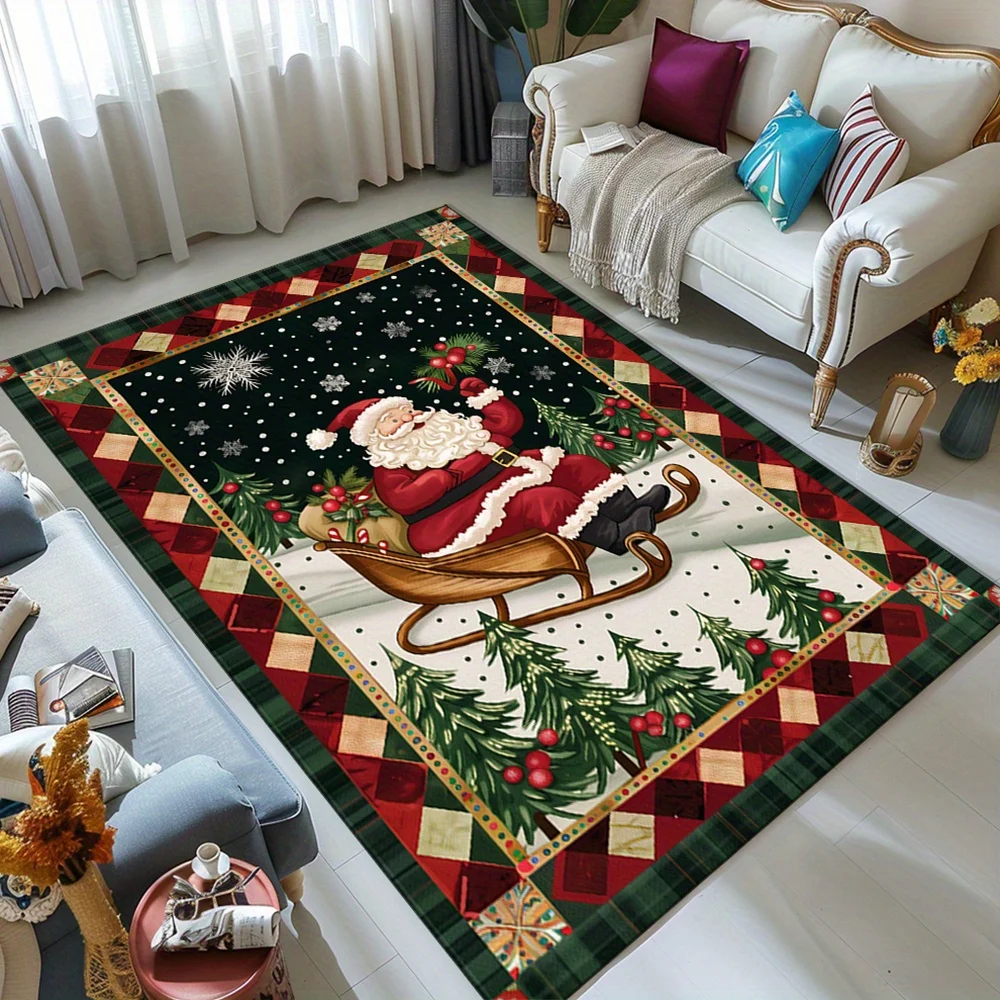 VIKAMA Santa Sleigh Christmas Rug,Non‑Slip Indoor Floor Mat,Pine Tree Snowflake Plaid Border Carpet Holiday Living‑Room Decor