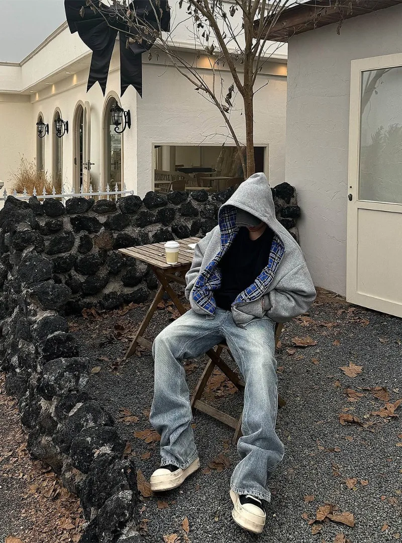 

Gray Double-Sided Oversized Zipper Hoodie Sweatshirts Korean Fashion Women's Y2K New Harajuku Gothic Couple Kpop Streetwear